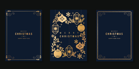 Luxury gold christmas invitation card folk design vector. Christmas bauble, holly, leaves, snowflake, frame, lantern on navy blue background. Design illustration for cover, print, poster, wallpaper. © babeer
