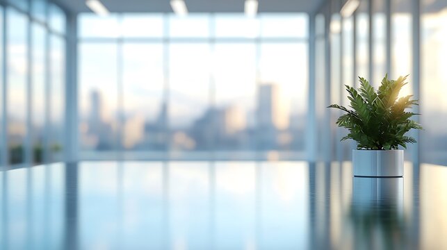 Little plant with green leaves in a pot with defocused background of panoramic windows with view to the cityscape outdoor