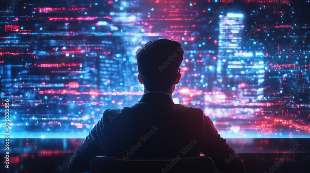 Aufkleber Silhouetted Figure Gazing at a Screen Displaying a Cityscape with Glowing Lights and Code