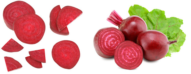 sliced beetroot with green leaf isolated on white background. clipping path