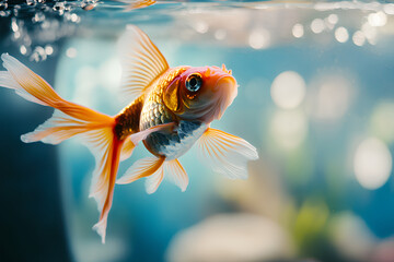 Goldfish leaps out of the aquarium