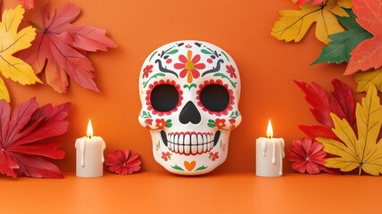Festive sugar skull art, with intricate floral designs and lit candles surrounding it, 3D illustration