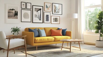 Fototapeta premium Cozy living room interior design view with paintings and photos hanging on the wall, colorful furniture combination