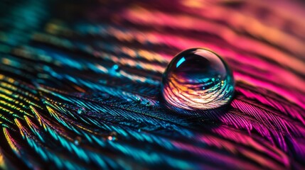 Water droplet reflecting light on a detailed rainbow-colored feather
