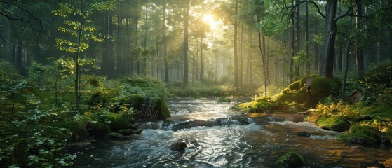 Fototapeta premium Tranquil Forest Stream with Sunlight Filter