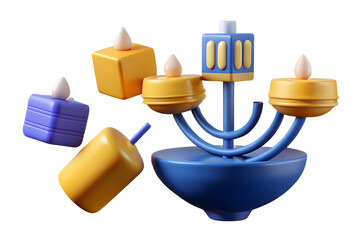 Flat Floating Menorah Candles and Spinning Dreidel in Mid-Air: Modern Hanukkah Concept on White Background - Perfect for Dynamic Visuals