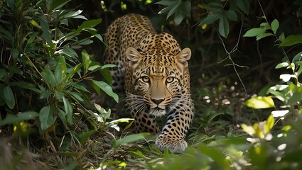 Naklejka premium This captivating image showcases a leopard in full hunting mode, creeping silently through dense underbrush. With its body low to the ground and eyes locked in focus, the leopard exudes stealth and st