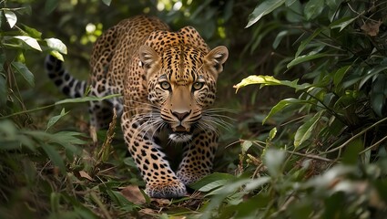 Naklejka premium This captivating image showcases a leopard in full hunting mode, creeping silently through dense underbrush. With its body low to the ground and eyes locked in focus, the leopard exudes stealth and st