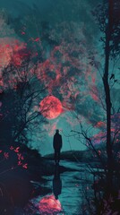 Surreal Night Landscape with Silhouette of Person