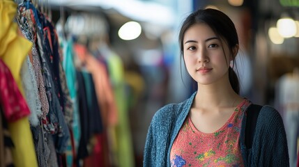 Beautiful young Asian woman clothing business owner standing in shop looking at camera