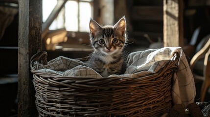 Fluffy tabby kitten resting in a wicker basket in a sunlit cabin