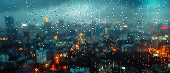 Fototapeta premium Cityscape Through Raindrops on Window Pane