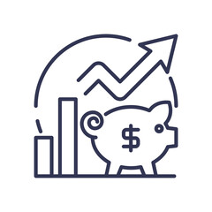 Illustration of a piggy bank, bar chart, and upward arrow symbolizing financial growth and savings over time.