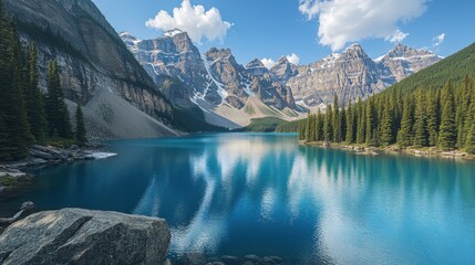 A beautiful lake surrounded by mountains with a clear blue sky