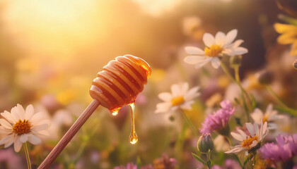 wooden Honey comb for loaded honey in beautiful garden generated by AI