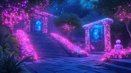 Futuristic garden oasis with neon flowers and mysterious portals under starlit sky