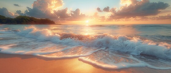 Fototapeta premium Serene Sunset Over Ocean Waves at Tropical Beach