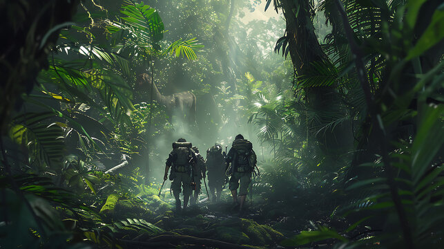 A group of adventurers is hiking through a dense jungle, surrounded by exotic wildlife and tall trees.