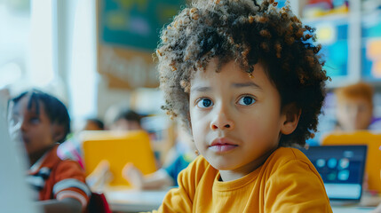 Teacher Explaining a Math Lesson to a Classroom Full of Bright Diverse Children in Primary School. Little Black Boy Browsing a Presentation on a Laptop Computer