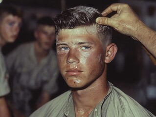 Fototapeta premium Young marine recruit receiving first haircut, determined expression