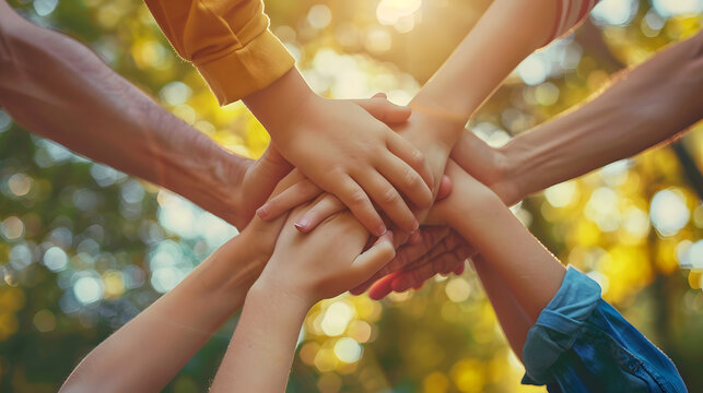 Teamwork family stacking hands together outdoor - Parents and children celebrating holidays - Concept about family, relationship, youth and human resources