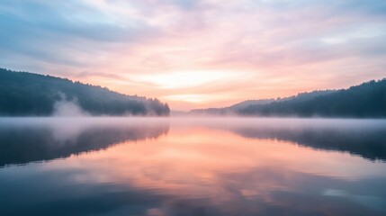 Fototapeta premium A serene lake with a beautiful sunset in the background