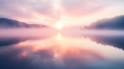 Obraz premium A beautiful lake with a pink and orange sunset reflecting on the water