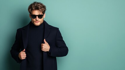 Obraz premium Stylish man in sunglasses against a teal background
