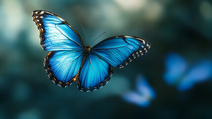 A vibrant blue butterfly gracefully flutters among lush greenery in a sunlit garden setting
