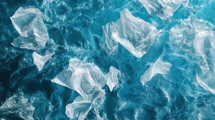 Obraz premium Close up of plastic bags and other trash floating in the ocean. Pollution, trash and an unprotected environment concept