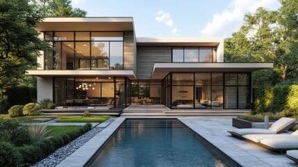 Fototapeta premium Modern house with large windows and pool in a lush garden.