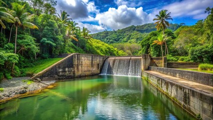 Fototapeta premium Dam reflecting in abandoned Bano Grande Swim area in El Yunque National Forest, Puerto Rico