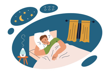 Vector illustration of man peacefully sleeping in bed, cozy bedroom with window, nightstand with humidifier. Comfortable pillow, blanket and bedding. Night scene with stars and moon. Rest, relaxation