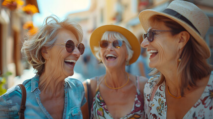 Three senior women having fun laughing out loud outside - Happy female friends talking together walking on city street - Life style concept with mature females hanging outdoors