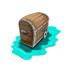 The image shows a wooden chest with metal rivets and a lock, submerged in blue water. The image is done in a cartoon style, which makes it more lively and fun