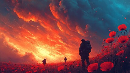 A man is walking through a field of red flowers