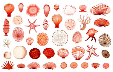 Fototapeta premium Red line drawing of shells, starfish and small sea creatures on white background.