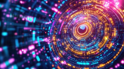 Fototapeta premium Futuristic neon tunnel with dynamic digital lights and vibrant colors