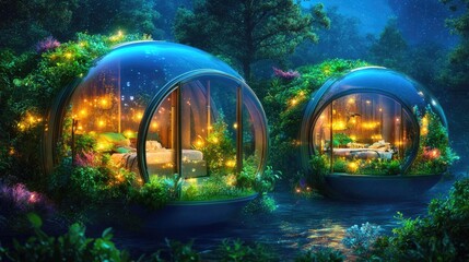 Enchanted glass pods amidst lush forest under a starry night sky