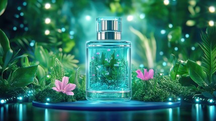 Elegant perfume bottle in botanical setting with lush greenery and pink flowers