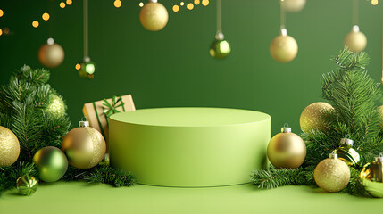 Festive Green Display with Ornaments and Decorations