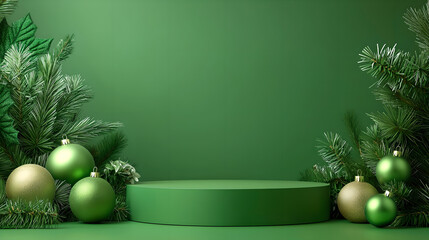 Festive Green Background with Christmas Ornaments