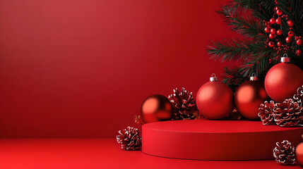 Festive Red Background with Christmas Ornaments and Pine