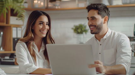 Two Colleagues Working On Laptop in Office. Female Hispanic Help Desk Coordinator Collaborates with White Male Customer Service Agent, They Discuss a Project, Chat, Smile. Teamwor