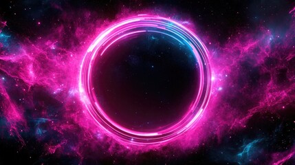 Obraz premium Vibrant neon halo surrounded by cosmic pink nebula in deep space