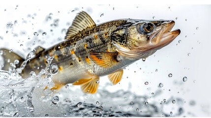 Zander fish isolated on white background. Pike perch river fish jumping out of water