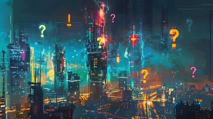 Obraz premium Digital artwork of a futuristic cityscape with holographic projections, including large exclamation mark symbols hovering above key landmarks.