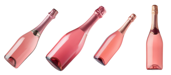 Assorted pink wine bottles in various angles, white isolate background