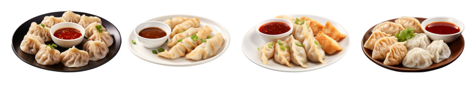 Assorted dumplings with dipping sauces on plates, white isolate background