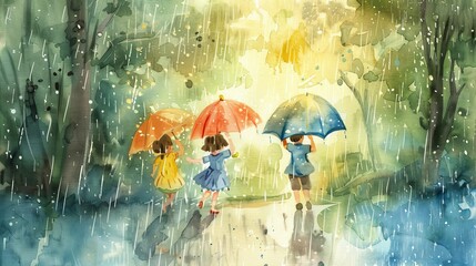 Three children are walking in the rain, each holding an umbrella